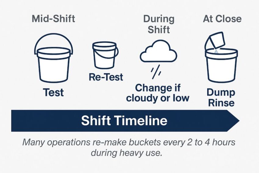 Shift timeline for sanitizer management, including testing, mid-shift checks, and routine change-outs during heavy use.