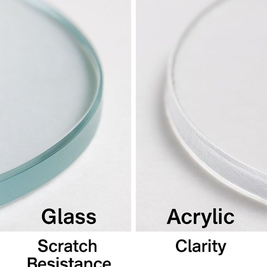 Side-by-side close-up of glass lens and acrylic lens edges highlighting scratch resistance and clarity