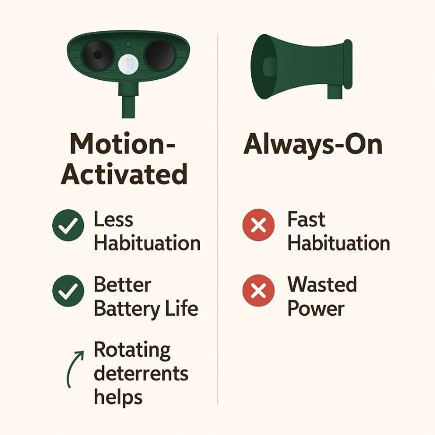 Side-by-side graphic comparing motion-activated deterrence with always-on devices