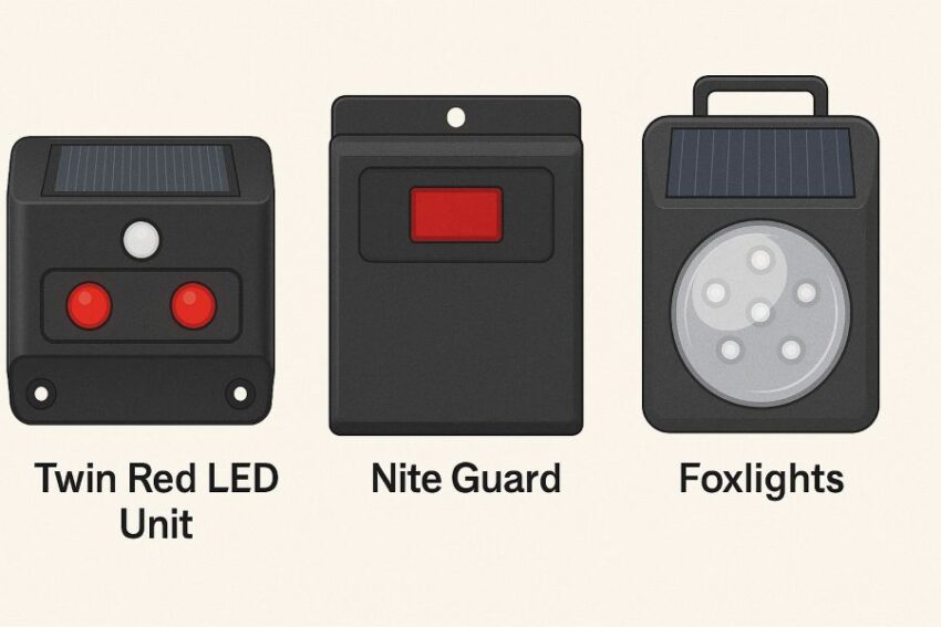 Side-by-side of a compact twin-red-LED unit, a Nite Guard style unit, and a larger 360-degree Foxlights beacon