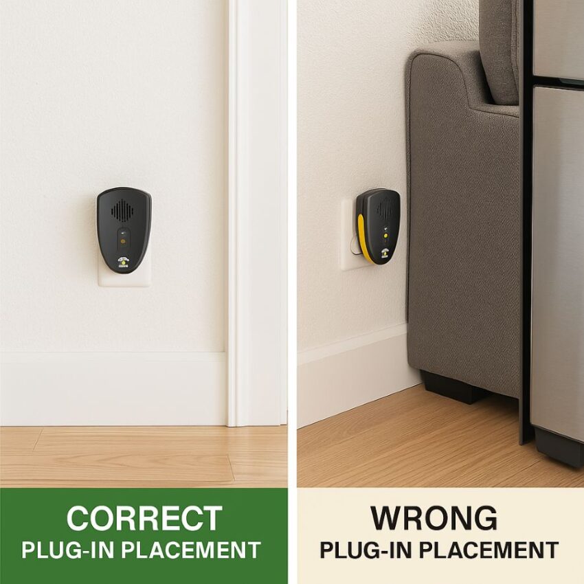 Side-by-side of correct line-of-sight placement versus blocked placement behind furniture