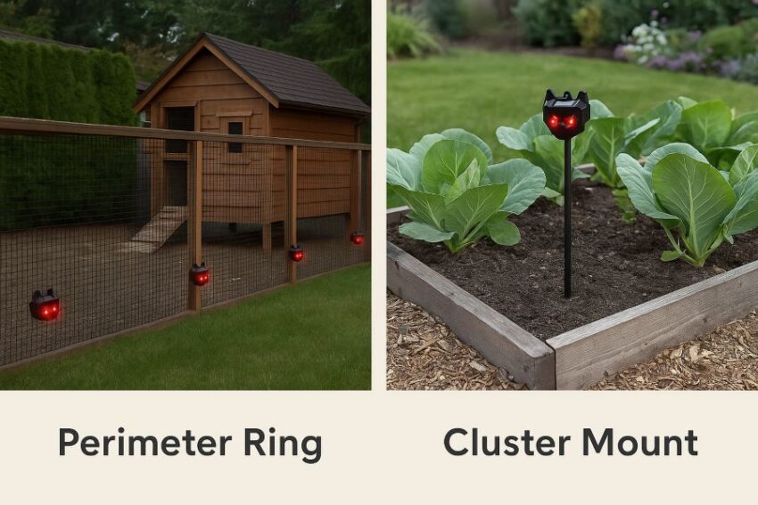 Side-by-side photos of perimeter mount around a coop and cluster mount in a vegetable bed.