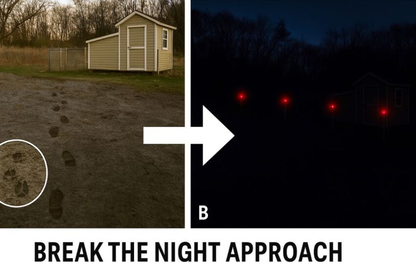 Side-by-side scene of tracks to a coop at dawn, then night coverage with flashing solar deterrent lights