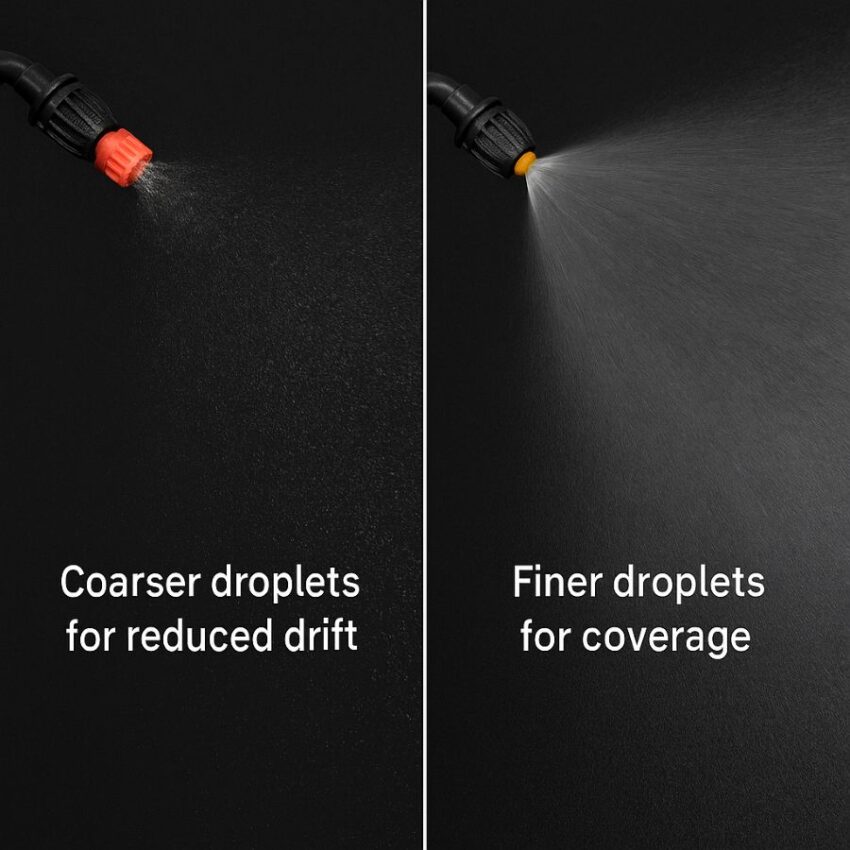 Side-by-side spray patterns demonstrating coarse and fine droplets from different nozzle tips