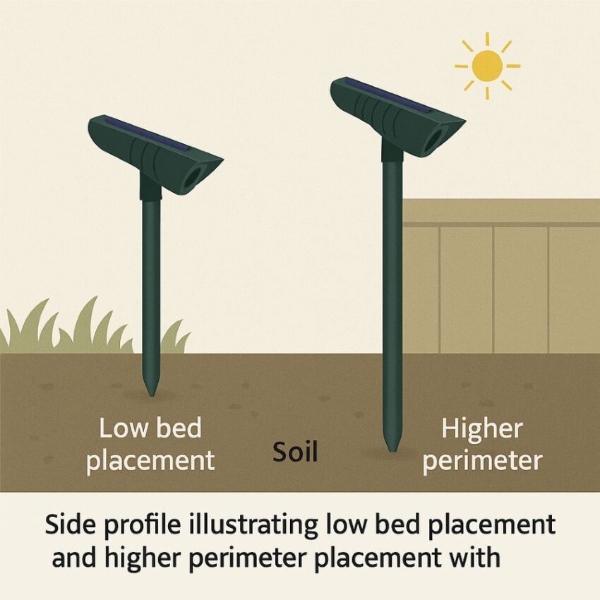 Side profile illustrating low bed placement and higher perimeter placement with slight downward tilt.