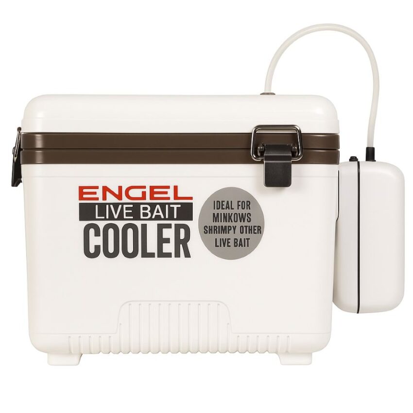 Side view of Engel Live Bait Cooler with aerator clipped high on the side and hose routed through the lid.