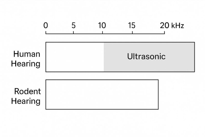 Simple chart comparing human hearing to rodent hearing with ultrasonic band highlighted.