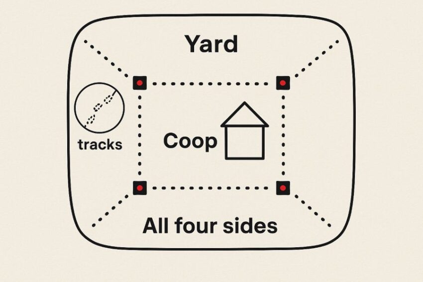 Simple yard plan showing four lights placed around a coop on all approach sides
