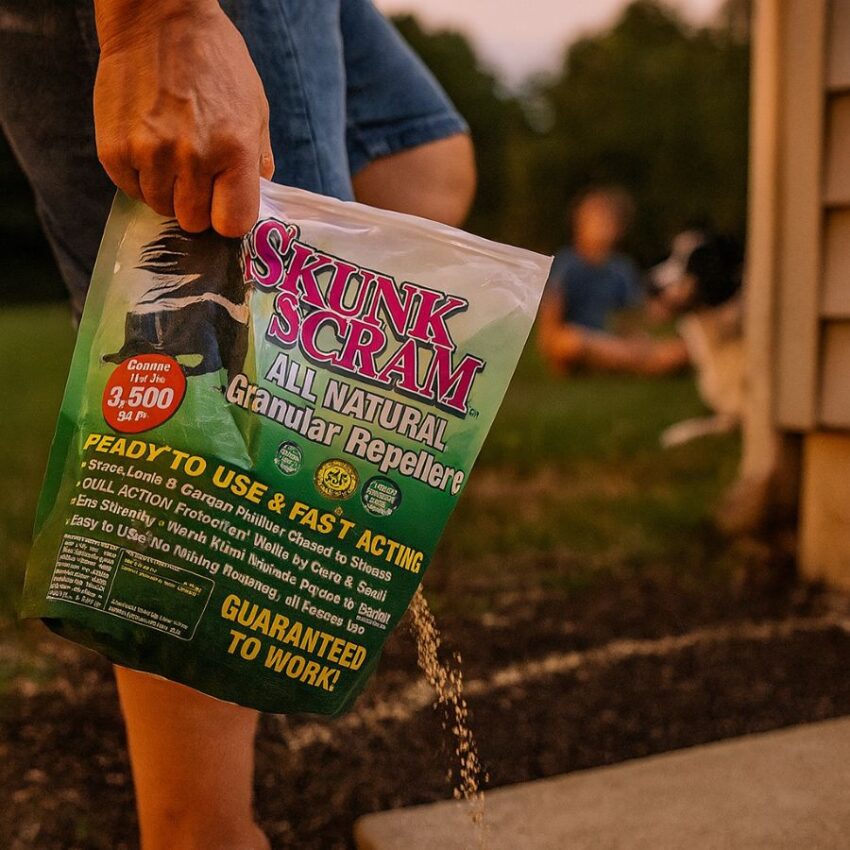 Person applying Skunk Scram 6 lb granules as a visible band along a home foundation at dusk.