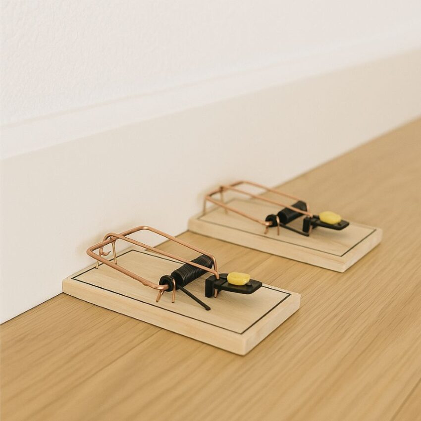 Snap traps placed along a wall to complement ultrasonic deterrence