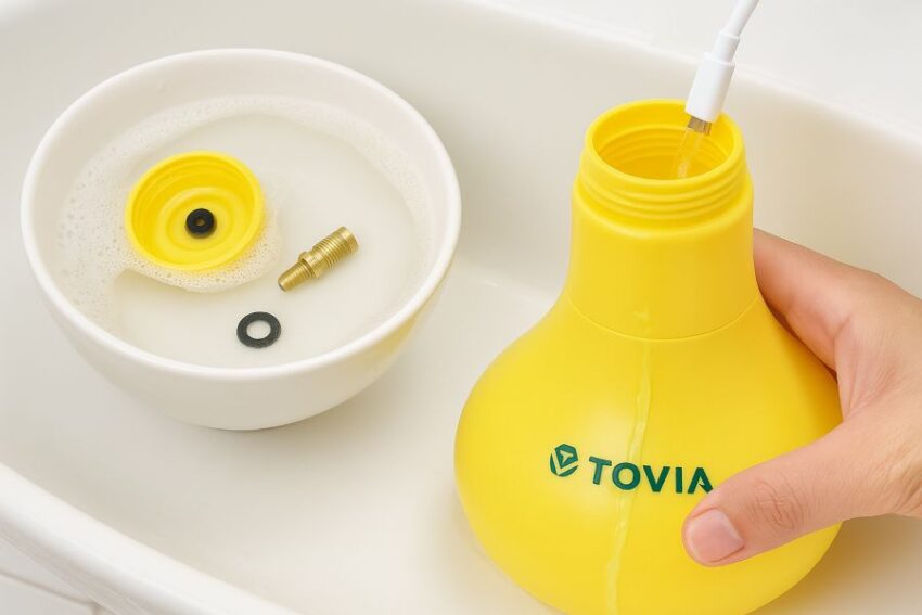 Soaking nozzle parts and flushing the T TOVIA mister after spraying.