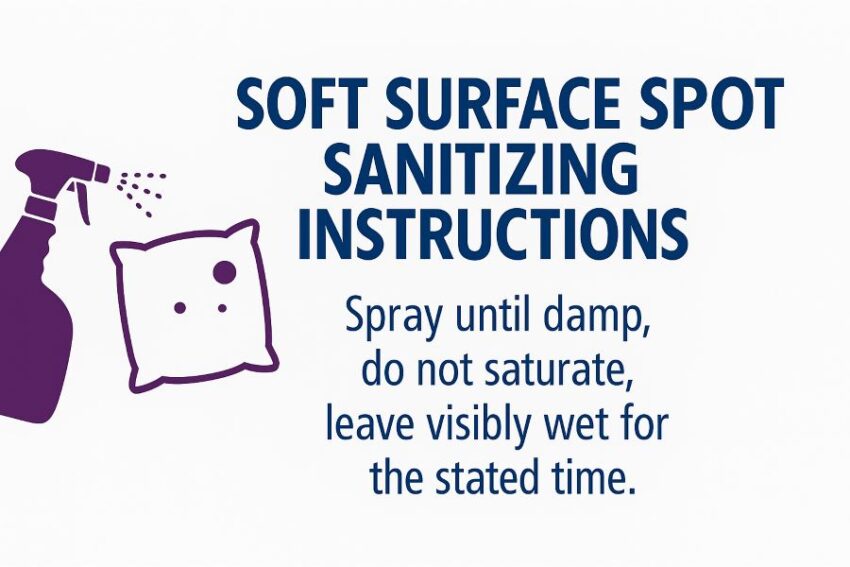Soft-surface spot sanitizing instructions showing light application and short contact time