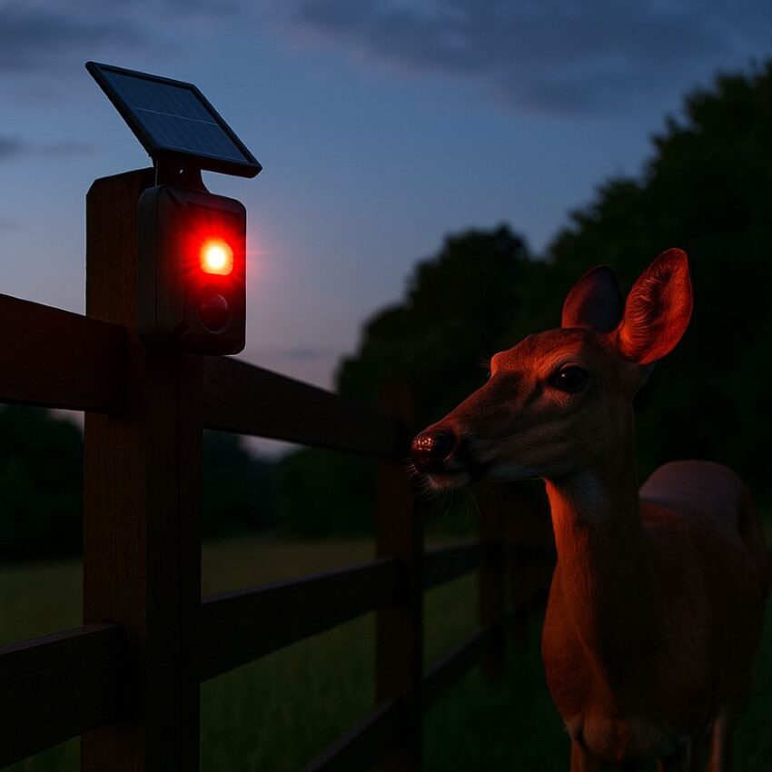 Solar animal repellent flashing at deer along a fence; unit mounted at animal eye level with clear southern exposure for charging