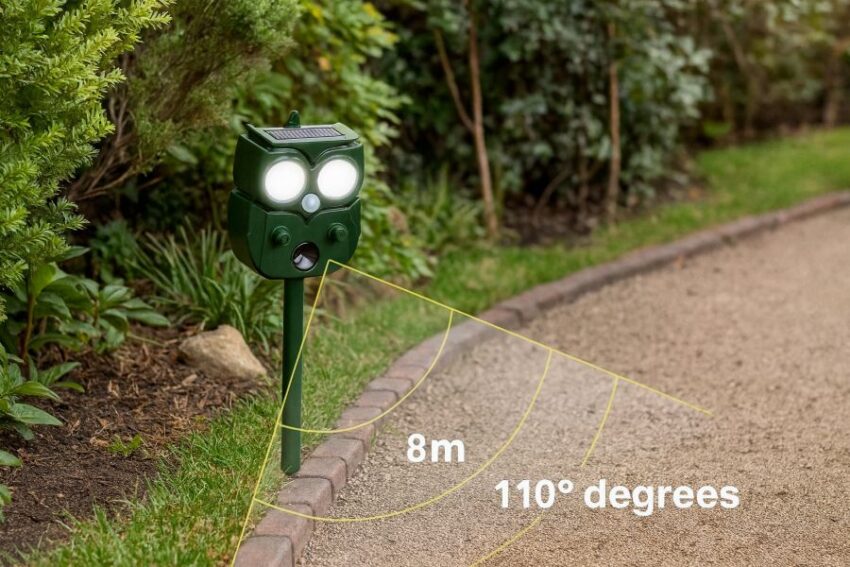 Solar animal repeller angled across a garden path with a subtle cone overlay showing about eight meters and one hundred ten degrees coverage