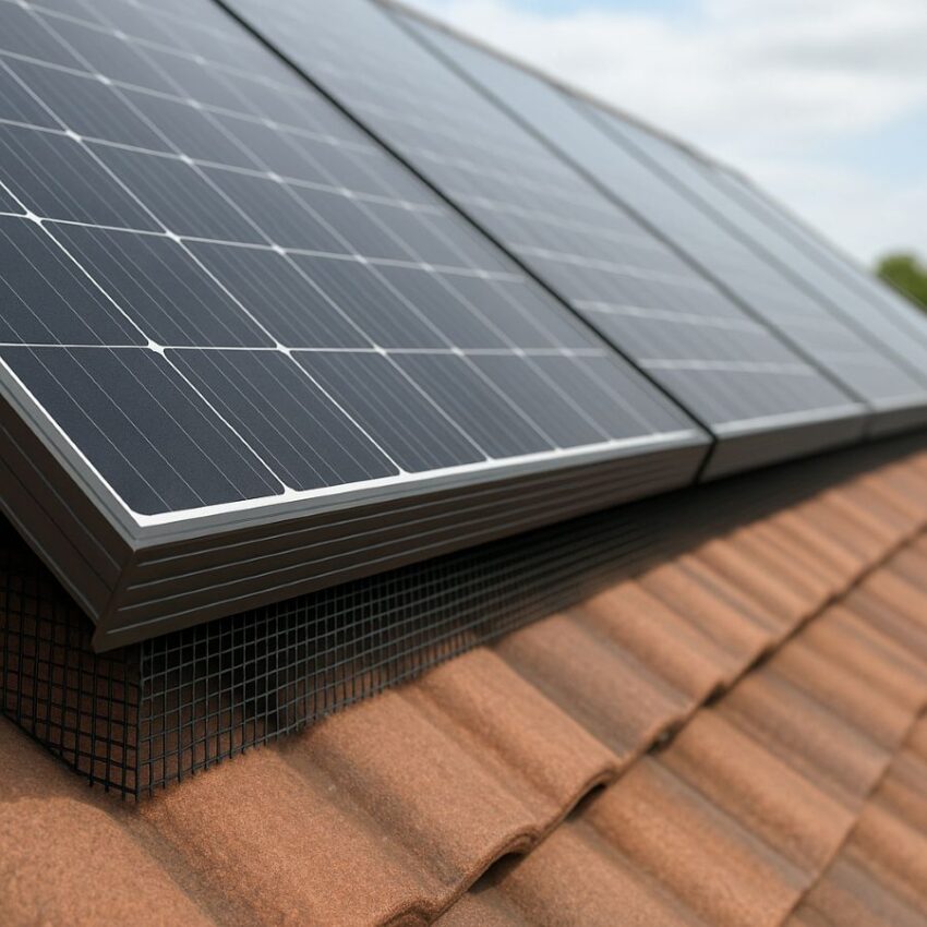 Solar frame with perimeter mesh installed while rear ventilation and drain paths remain open