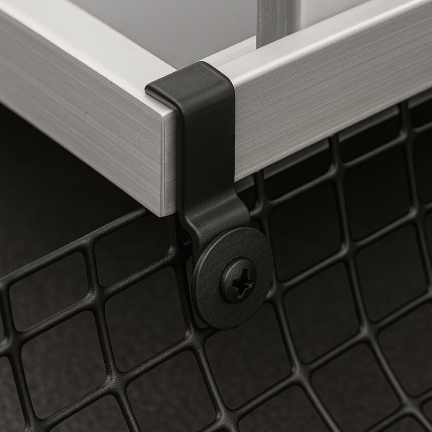 Solar mesh clip attached to panel frame without drilling, holding mesh in place
