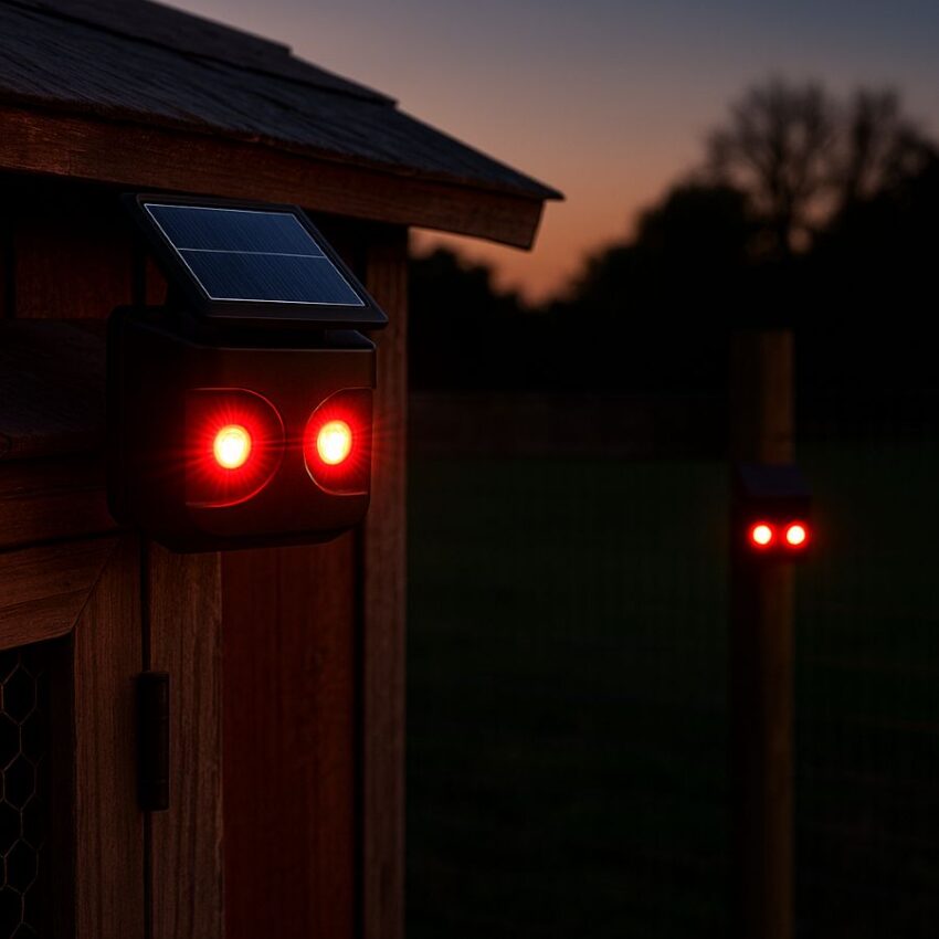 Solar predator light flashing on a chicken coop corner at dusk, second unit guarding the fence line