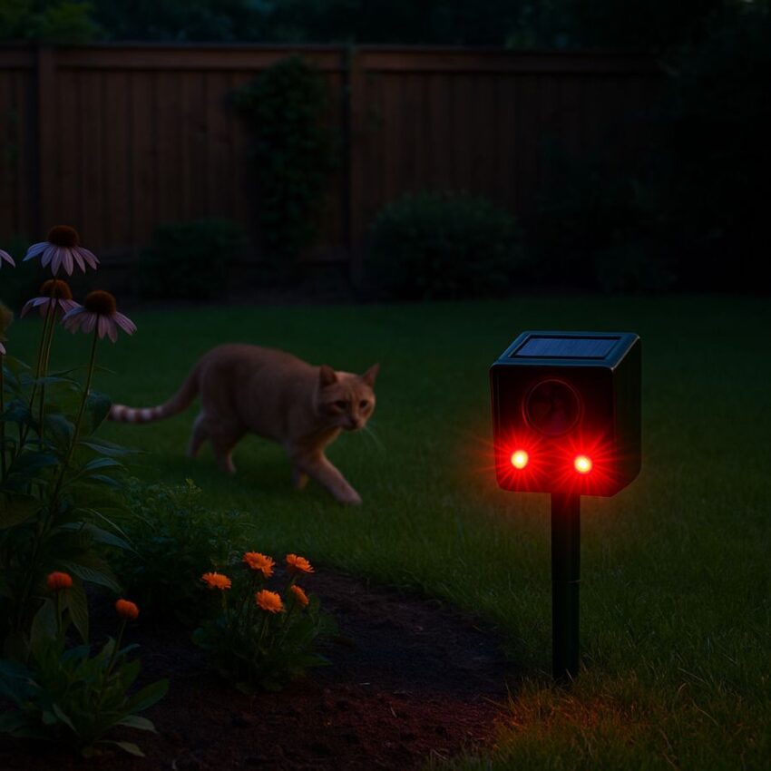 Solar ultrasonic animal repeller flashing at dusk to deter a neighborhood cat near a garden bed.