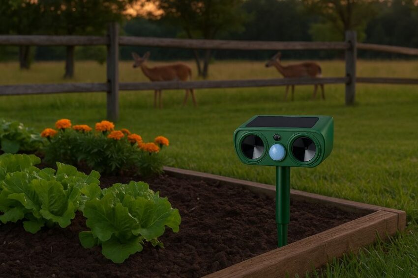 Solar ultrasonic animal repeller staked at a garden edge at dusk while deer browse in the distance outside the yard