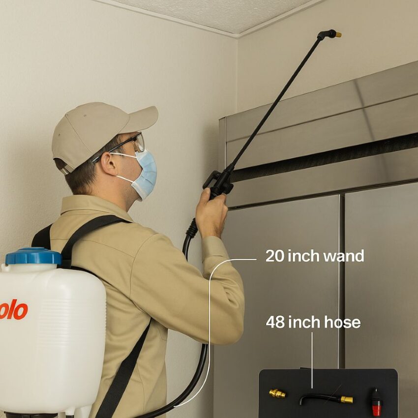 Solo 315-A reaching around obstacles using 20 inch wand and 48 inch hose, rated up to 60 psi.