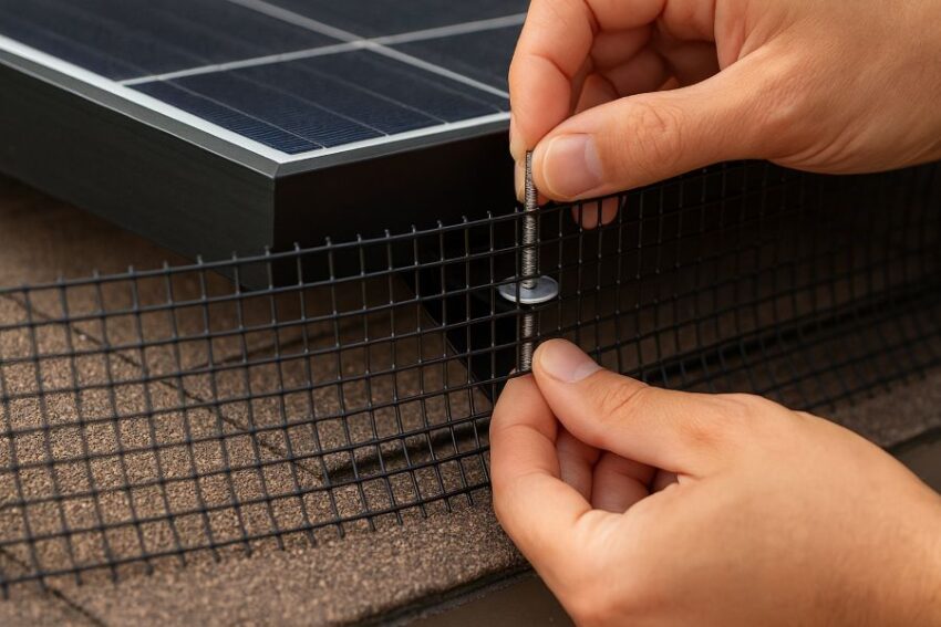 Speed washer sliding up clip rod to secure the mesh against the roof surface