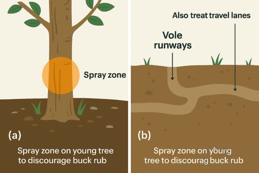 Spray zone on young tree to discourage buck rub; vole runway area marked for treatment.