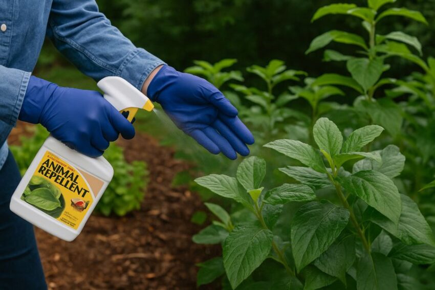 Spraying foliage until evenly wet, including leaf undersides.