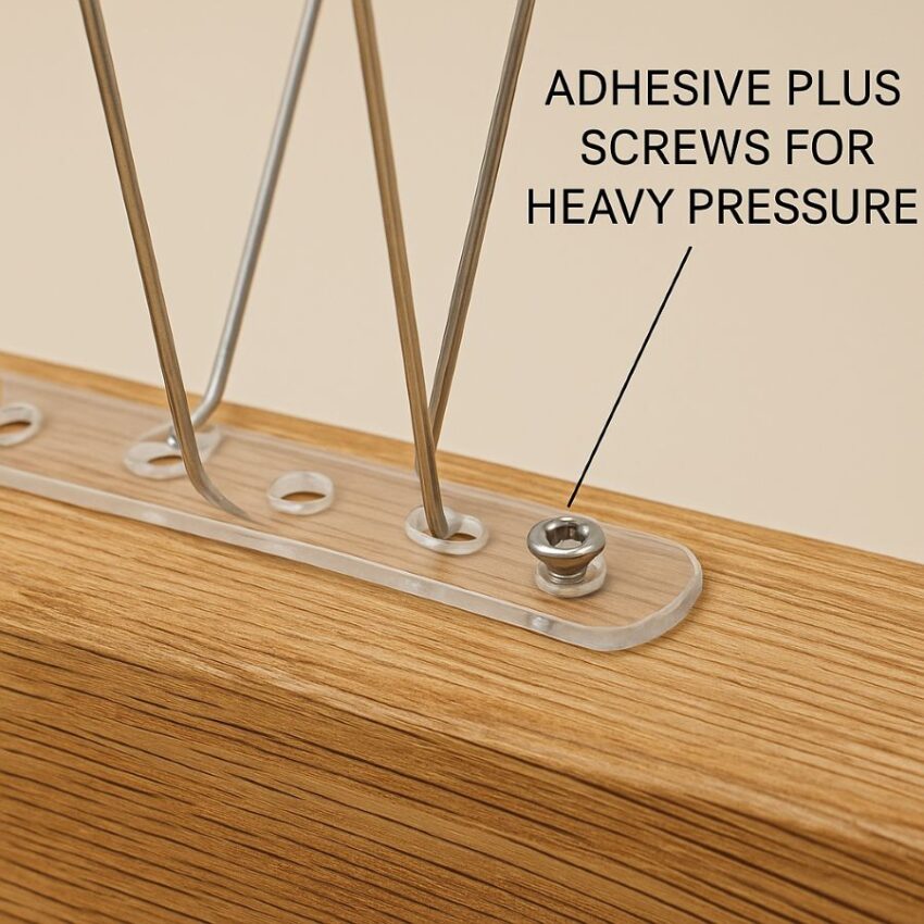 Stainless spike base secured with screws on a wooden ledge