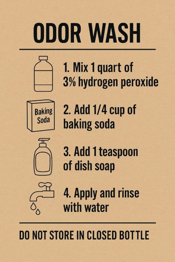 Step-by-step card for mixing and using the proven skunk-odor neutralizing wash