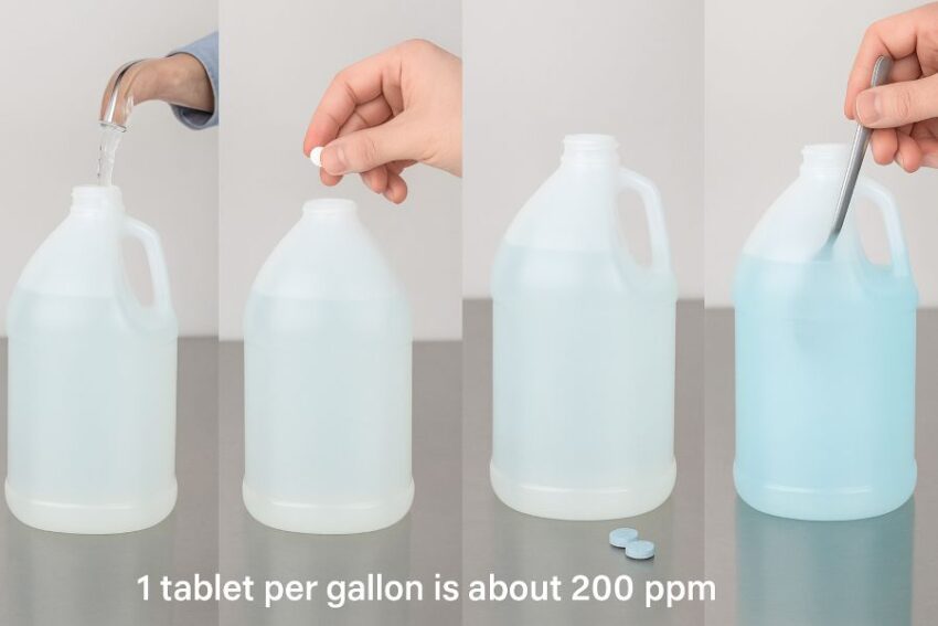 Step-by-step images mixing Steramine, one tablet in one gallon of warm water for about 200 ppm.