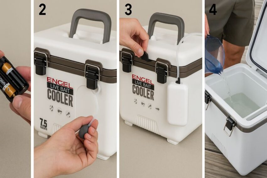 Step by step images showing battery install, aerator clip on, hose routing, and adding source water to the Engel cooler