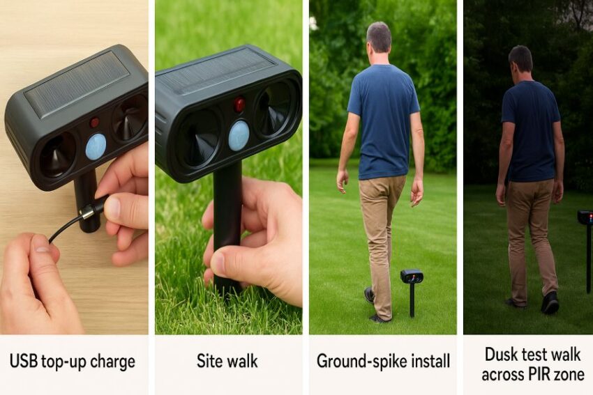 Step-by-step install from USB top-up to dusk test walk across the PIR zone.