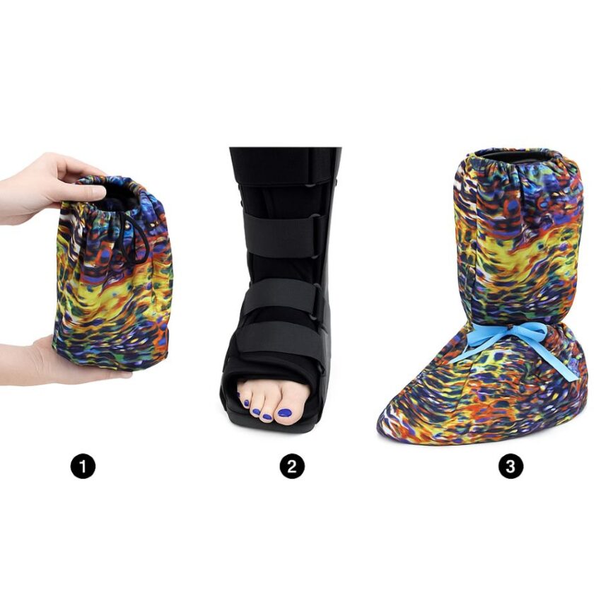 Step-by-step photos fitting a bedtime cover over a walking boot.