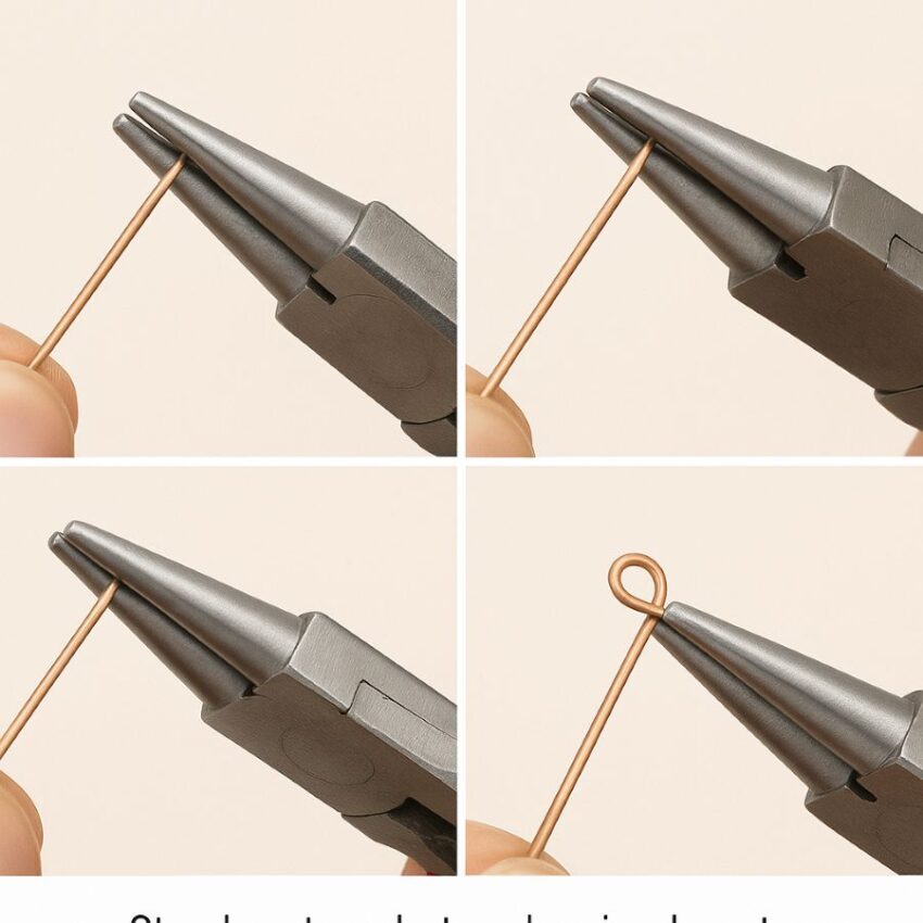 Step-by-step photos showing how to create a simple wire loop for jewelry
