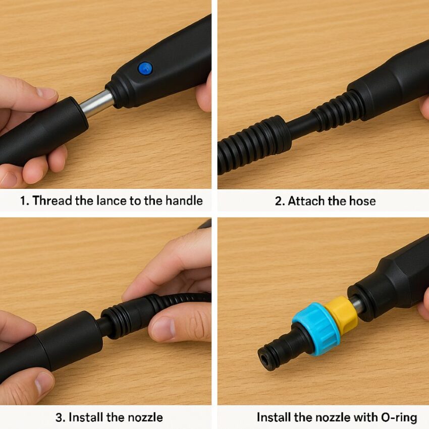 Step sequence showing lance and hose connections with O-ring.