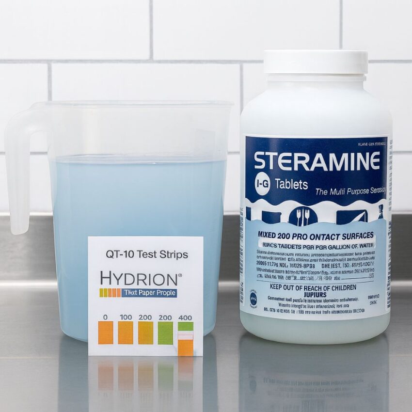 Steramine 1-G sanitizer tablets with mixed 200 ppm quat solution and Hydrion QT-10 strip reading after a 10-second dip