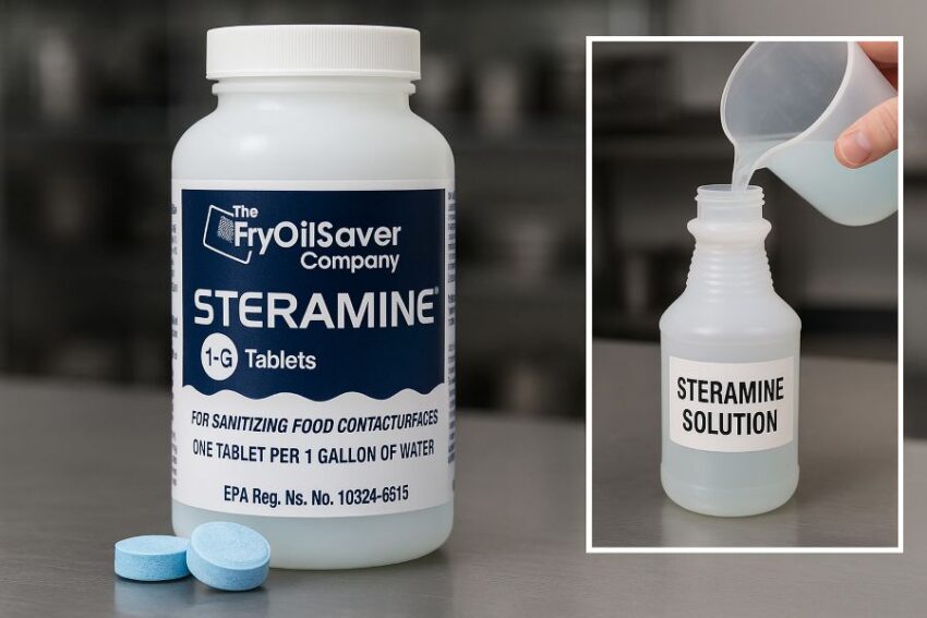 Steramine 1-G sanitizer tablets bottle and blue tablets on a stainless prep table.