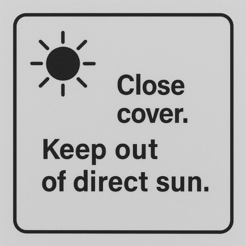Sun hazard warning for magnifier lens focusing sunlight.