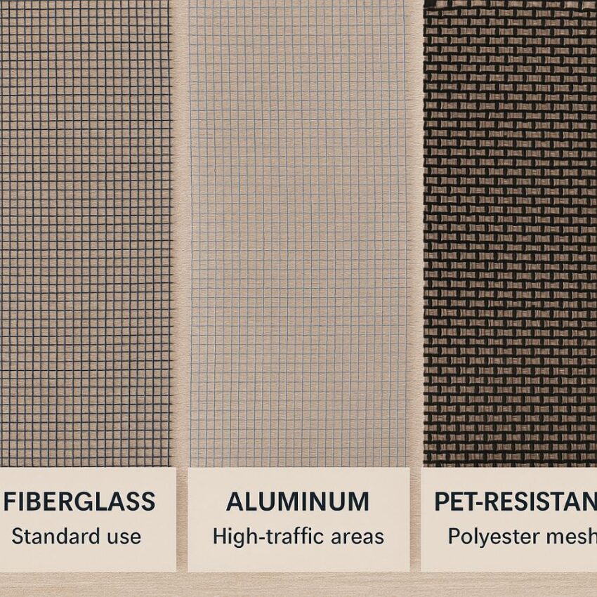 Swatches of fiberglass, aluminum and pet-resistant polyester meshes labeled for typical use