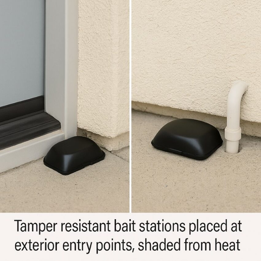 Tamper resistant bait stations placed at exterior entry points, shaded from heat.