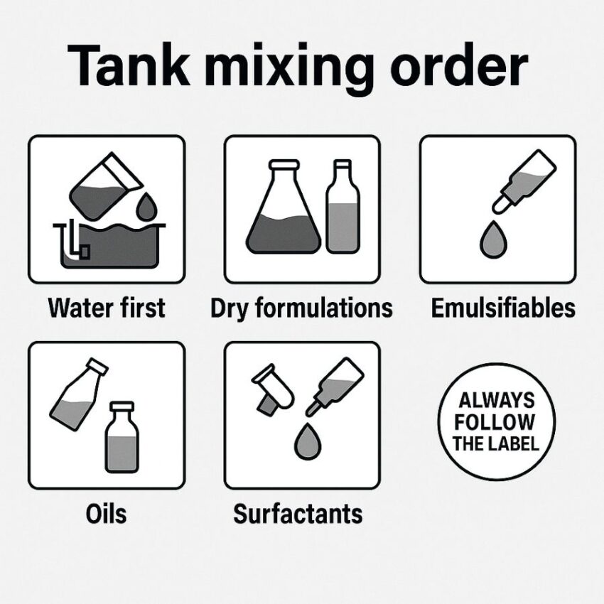 Tank mixing order, water first, dry formulations next, oils and surfactants last
