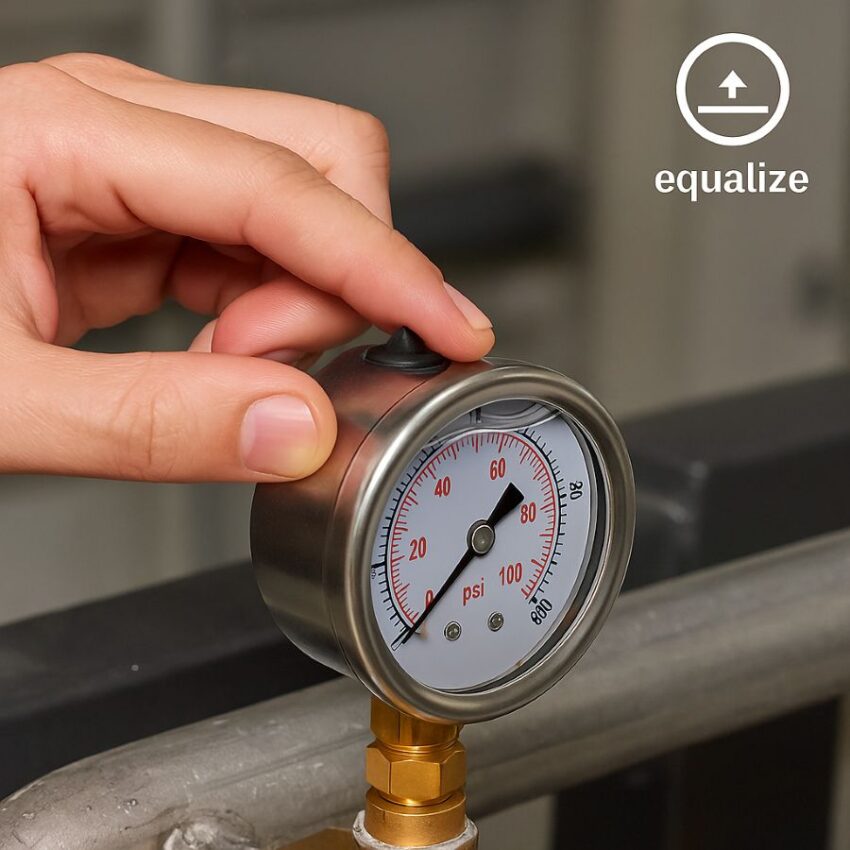 Technician opening the vent plug of a liquid filled gauge after warm-up to equalize case pressure.