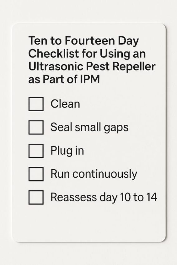Ten to fourteen day checklist for using an ultrasonic pest repeller as part of IPM