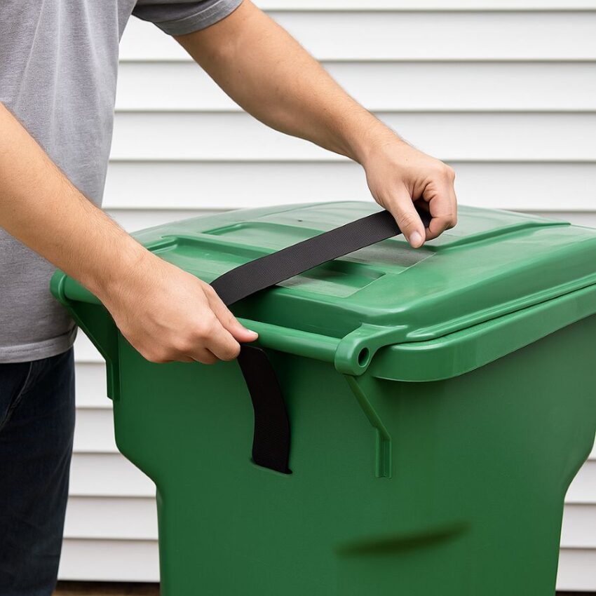 Threading the strap around the trash can handle and laying it flat across the lid