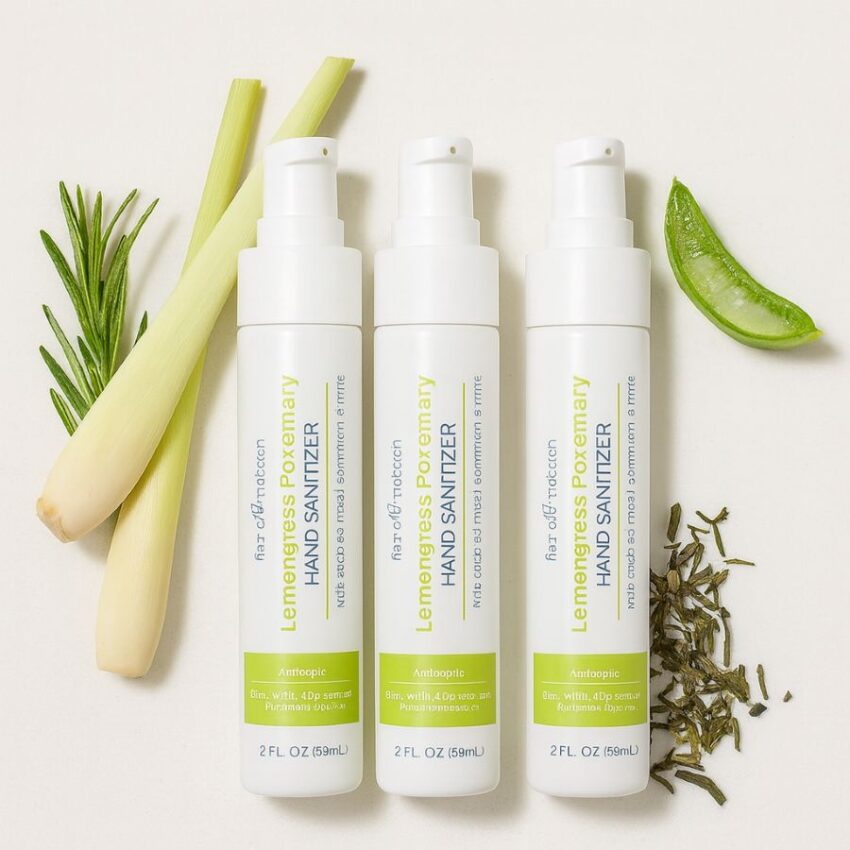 Three 2-oz Lemongrass Rosemary Lotion Hand Sanitizer bottles with lemongrass, rosemary, aloe, and green tea on a white counter