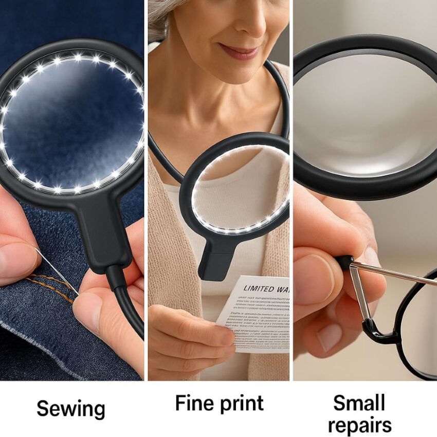Three close-work tasks under the same hands-free LED magnifier, sewing, fine print reading, and small repairs
