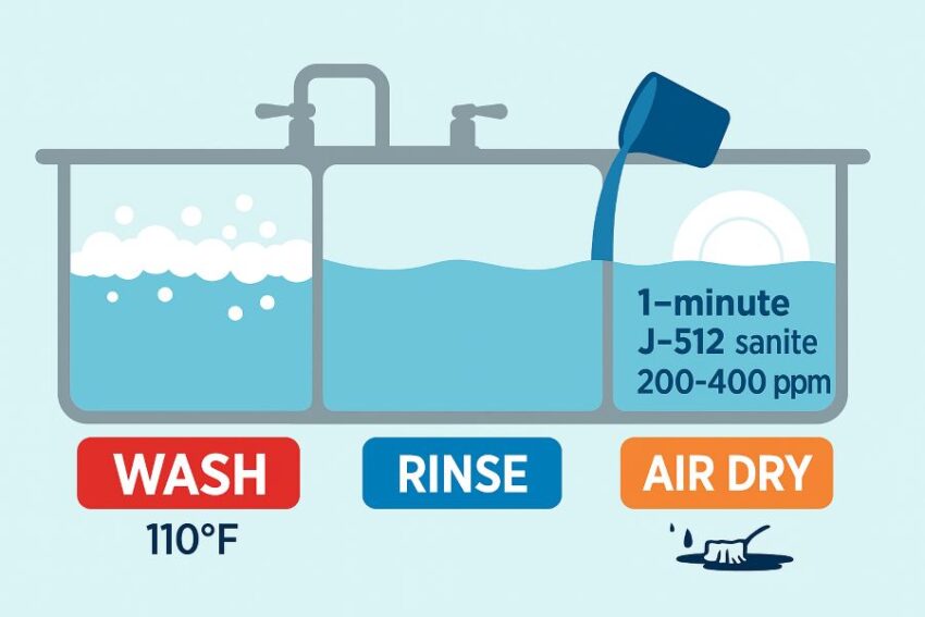 Three-compartment sink infographic with 110°F wash, rinse, and 1-minute J-512 sanitize step