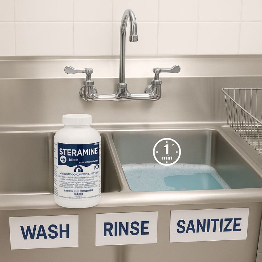 Three-compartment sink labeled Wash, Rinse, Sanitize, with Steramine sanitizer in the third basin and an air-dry rack nearby