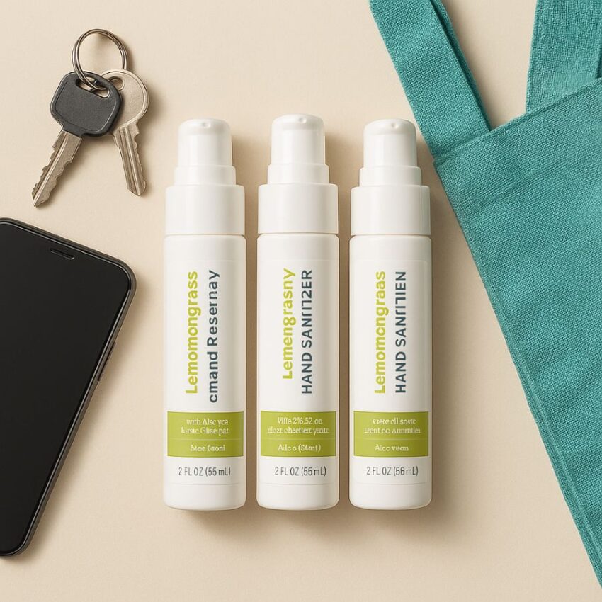 Three-pack of travel lotion hand sanitizers arranged with everyday carry items for quick use.