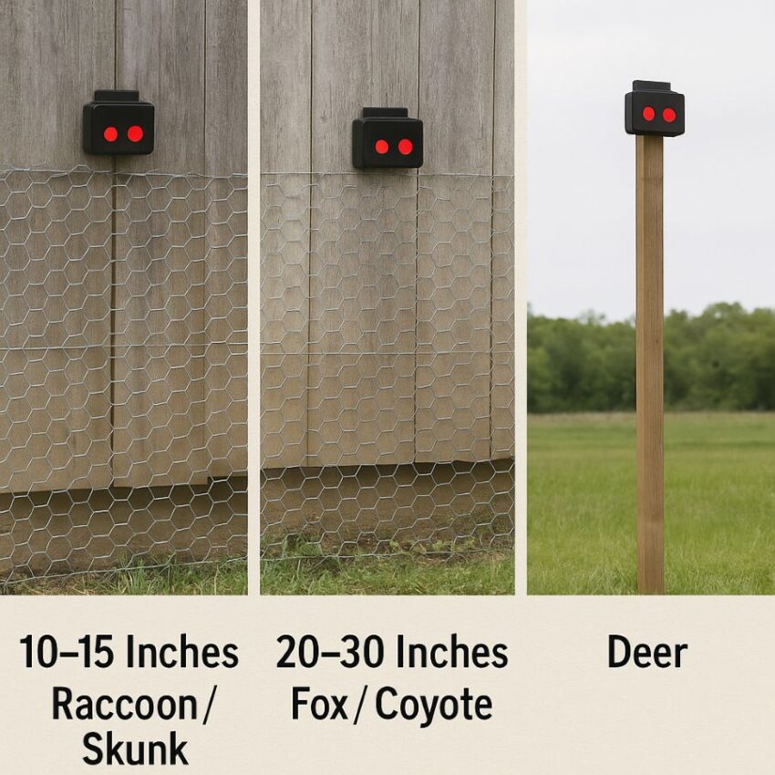 Three photos in a row: raccoon/skunk height around 10–15 inches; fox/coyote height around 20–30 inches; deer placement higher with a central post.
